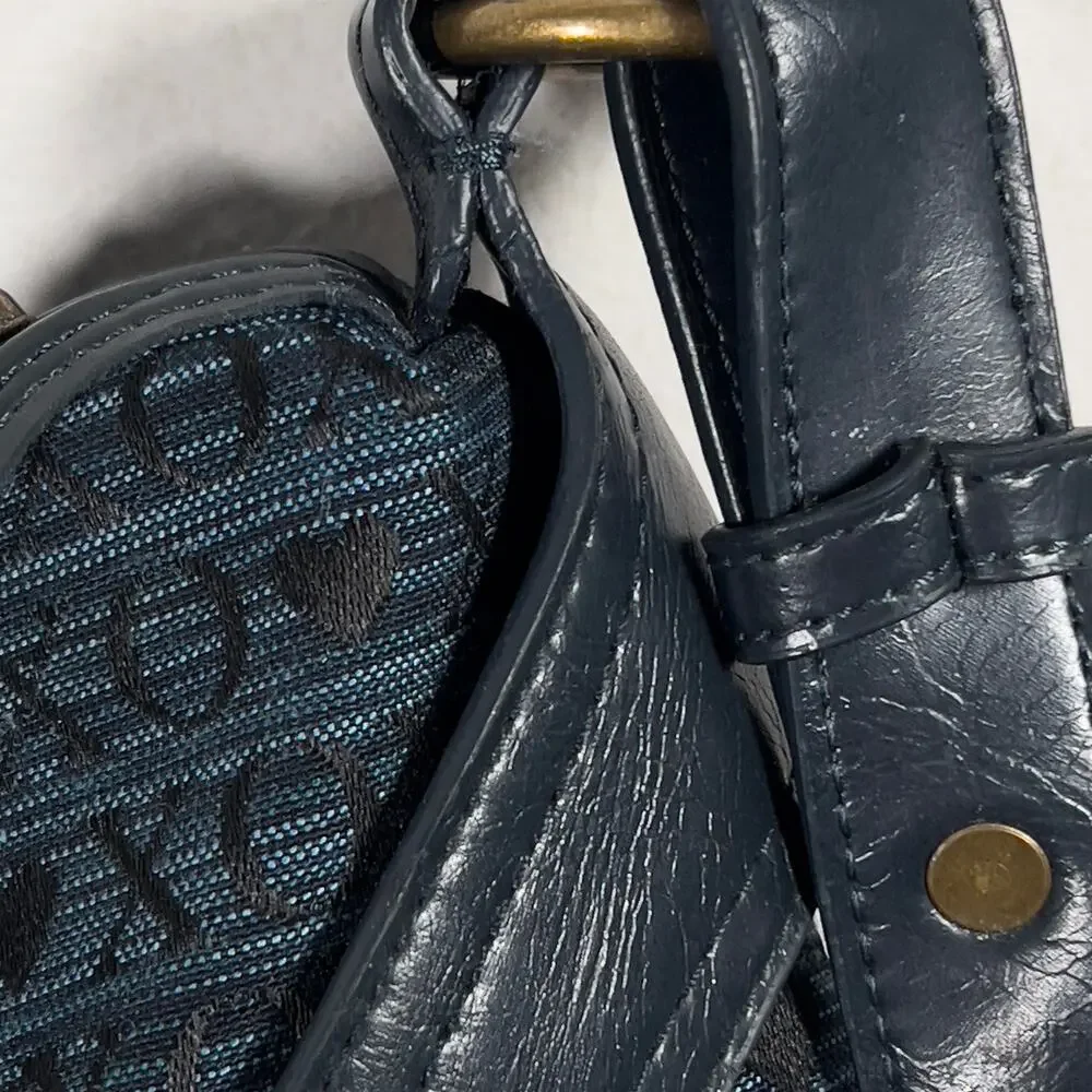 Large Vintage XOXO Hobo Blue Black Letters Brass Studded Y2K Zippered Tote Bag